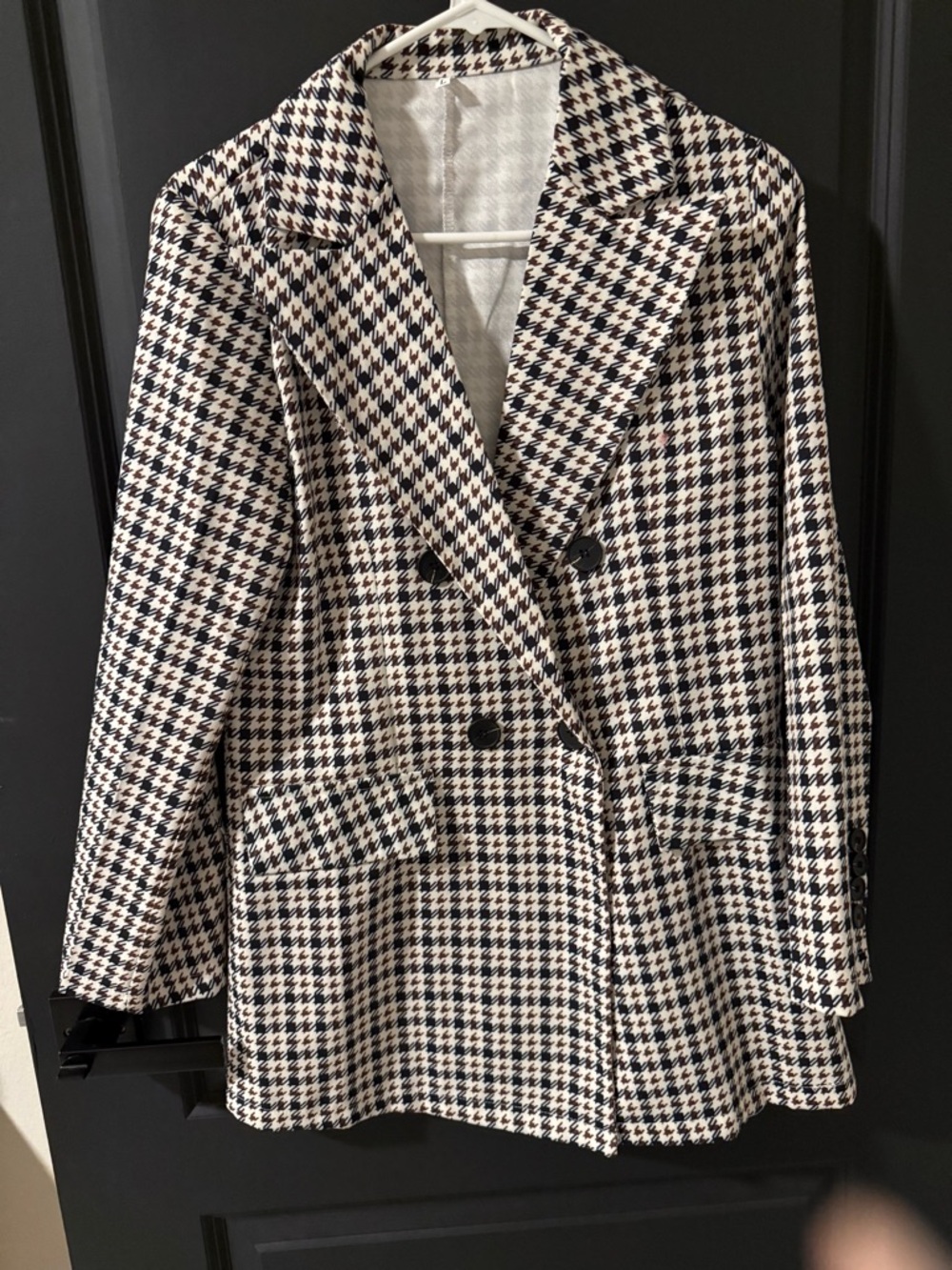 Houndstooth Double-Breasted Women's Blazer Jacket - Black & White